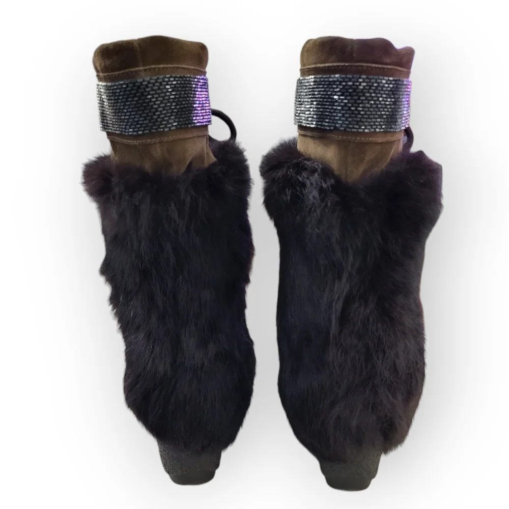 COACH Maryann Rabbit Fur Suede Boots Brown Beaded Trim Pom Pom Ties 8